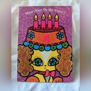 Deadstock FLOCKED Girl's 4th Birthday Card Vintage